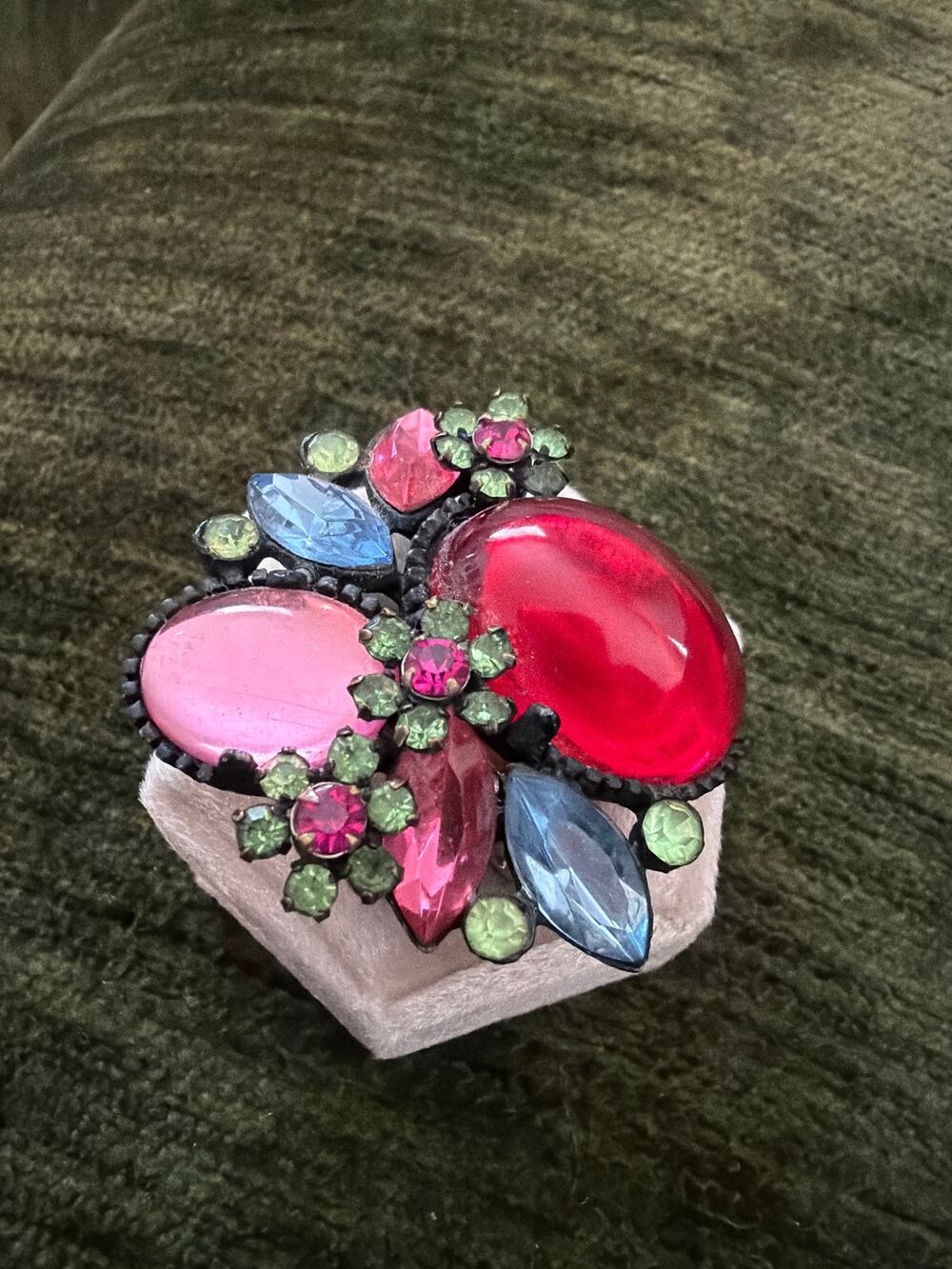 Vintage Rhinestone Brooch Large Red Pink Blue Green Glass Cabochon Statement Pin